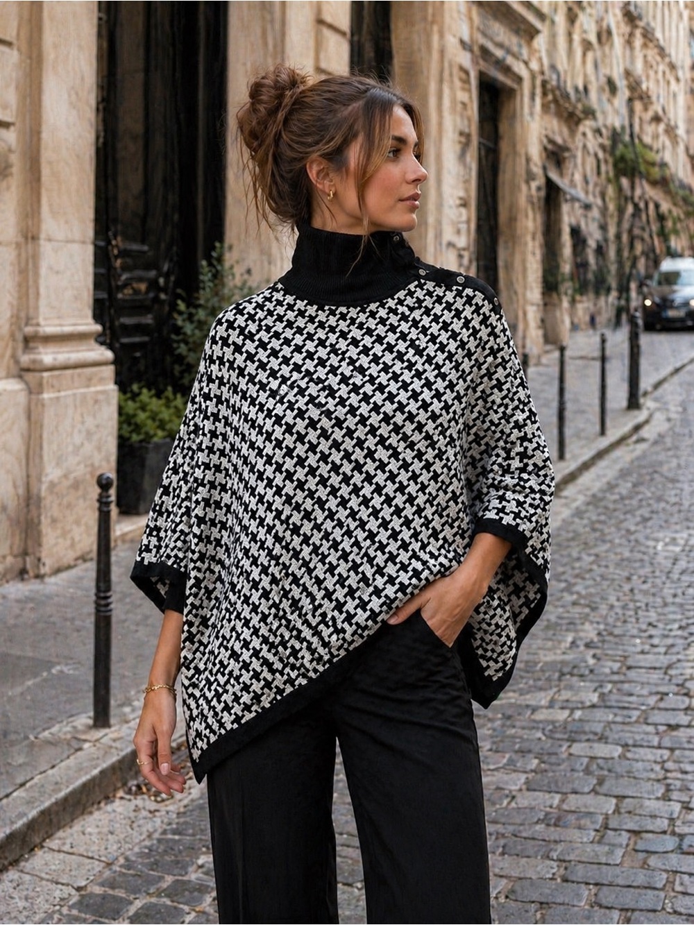NWT - S/M - Chico's - Black & White Houndstooth Turtleneck Poncho